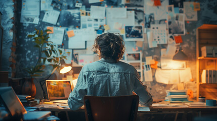 At workspace in a well-organized creative home office mess, an entrepreneur's back view reveals a vision board, thoughtful planning, and ideas on the wall, depicting the story of dreams and strategy.