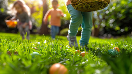 family with Kids on an Easter egg hunt in a blooming spring garden. Children having fun in park. Easter egg hunt concept - obrazy, fototapety, plakaty