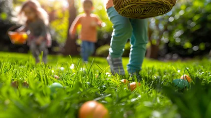 Foto op Plexiglas family with Kids on an Easter egg hunt in a blooming spring garden. Children having fun in park. Easter egg hunt concept © Fokke Baarssen