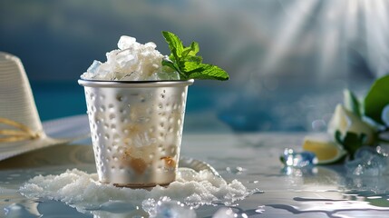 Classic Mint Julep Drink: Refreshing Elegance in a Silver Cup on Table - obrazy, fototapety, plakaty