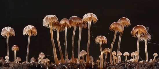 A cluster of terrestrial plants, resembling mushrooms, sprouting from the dark soil against a black background creating an artistic natural landscape