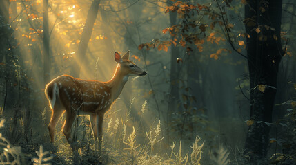 An early morning scene captures a young spotted deer in a misty, sun-kissed autumnal forest. Autumn...