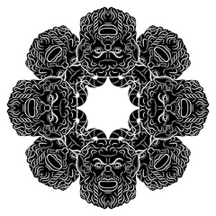 Round ethnic mandala or frame with antique masks of satyr or god Pan. Faces of bearded horned men. Black and white silhouette. - obrazy, fototapety, plakaty