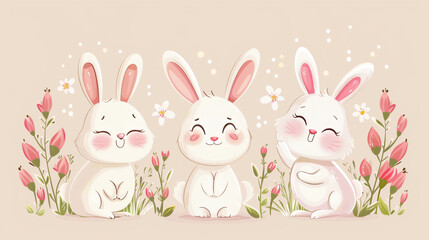 cute Happy Easter cartoon characters and design elements. Bunnies, Easter eggs, flowers, hearts. Spring illustration. Funny fashion rabbit