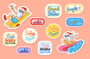 Santa Claus lay on the beach and surf the ocean vawe. Vector sticker collection with cartoon Santa and funny phrases for positive mood, decoration and print.