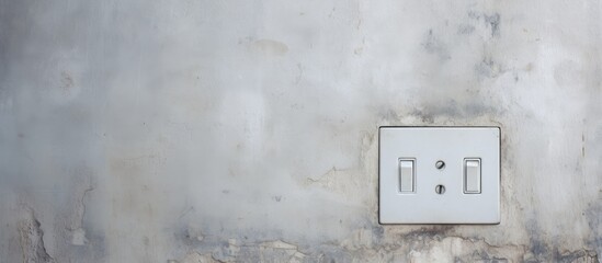 White light switch on the wall with "On" and "Off" switch on a white concrete wall texture background.