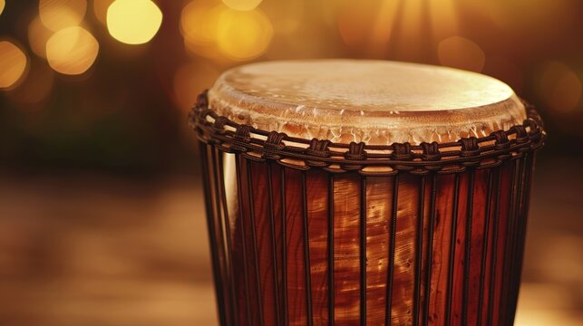 A conga drum with a wooden finish, arranged on a solid brown background for a warm and earthy music shot.