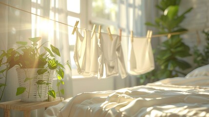 Sunlight streams through a window, casting a warm glow on laundry drying on a line in a room with lush houseplants.