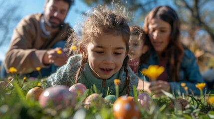 Kids on Easter egg hunt in blooming spring garden. Children searching for colorful eggs in flower meadow