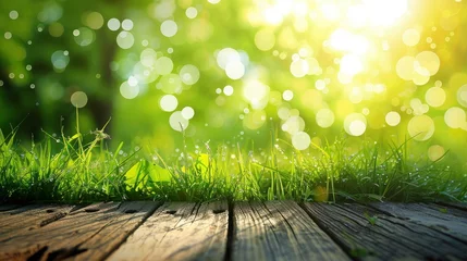 Fotobehang Fresh spring green grass with green bokeh and sunlight and wood floor. Beauty natural background - generative ai © Nia™
