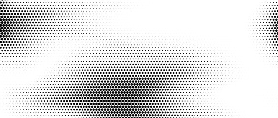 Hexagon halftone gradient texture. Abstract black white hex grunge background. Geometric retro tech wallpaper. Fading wavy hexagonal pattern backdrop. Vector vanishing honeycomb grunge overlay