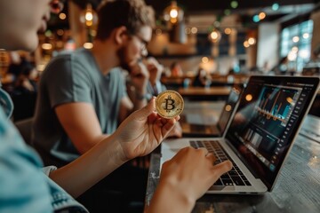 People showing bitcoin on laptop computer. Cryptocurrencies. Business