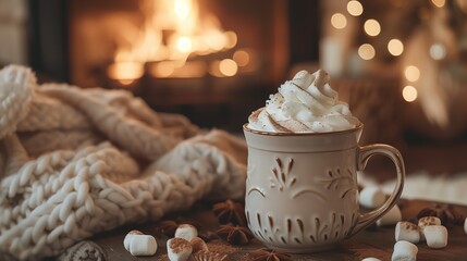 Luxurious Hot Chocolate: Marshmallows in a Designer Mug, Fireplace and Living Room Background