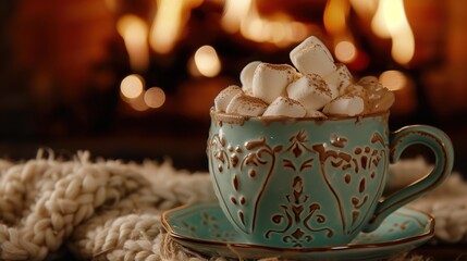 Green Hot Chocolate Mug with Whipped Cream, Marshmallows, and Chocolate Sprinkles, Fireplace Background