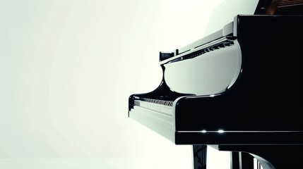 A grand piano with a sleek black finish, captured against a solid white background for a classic...