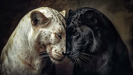 Yin and yang represented by a white and black big cat, generative ai