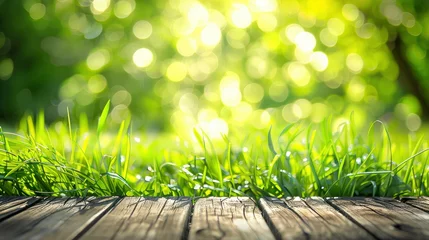Photo sur Plexiglas Jaune Fresh spring green grass with green bokeh and sunlight and wood floor. Beauty natural background - generative ai