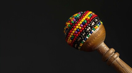 A maracas with colorful beads and a wooden handle, arranged on a solid black background for a...