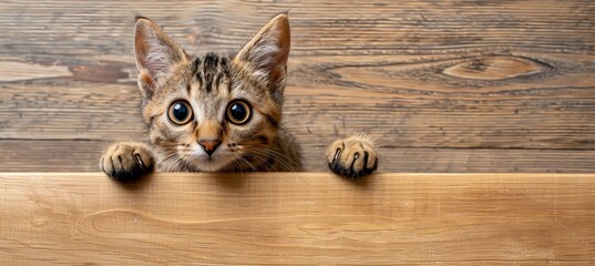 Curious tabby kitten peeks over beige wood, paws up, blurred background, space for text placement