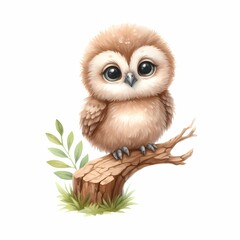 watercolor illustration of cute baby owl sitting on a branch for baby nursery kids room children's room prints decor