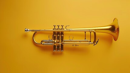 A trumpet with a golden finish, arranged on a solid yellow background for a bright and bold music...