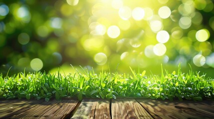 Fresh spring green grass with green bokeh and sunlight and wood floor. Beauty natural background - generative ai