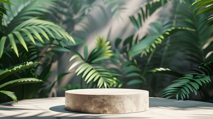 Cosmetics product advertising podium stand with tropical leaves background. Empty natural stone pedestal platform to display beauty product. Mockup