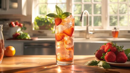Tall Glass of Strawberry Iced Tea with Fresh Strawberries and Basil Leaves, Served in a Tall Glass...