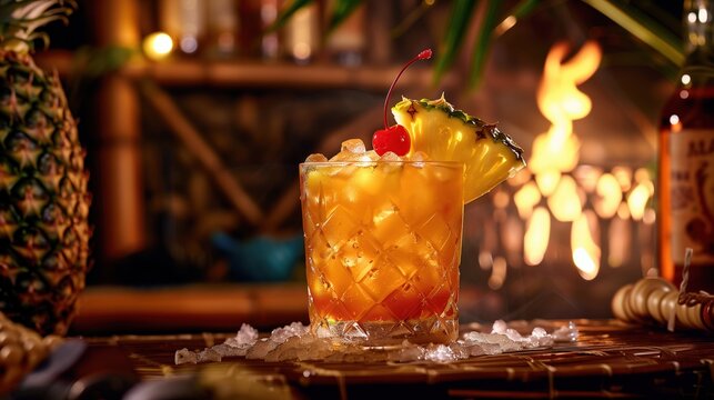Tropical Mai Tai Cocktail with Rum, Lime Juice, and Orgeat Syrup, Garnished with Pineapple and Cherry, Served in Tiki Glass with Crushed Ice, Polynesian-Themed Bar Background