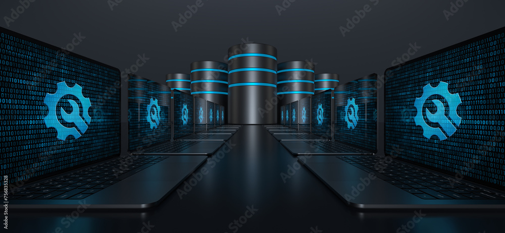 Poster two rows of laptop devices with a digital tool icon on their screens forming a pathway leading to da