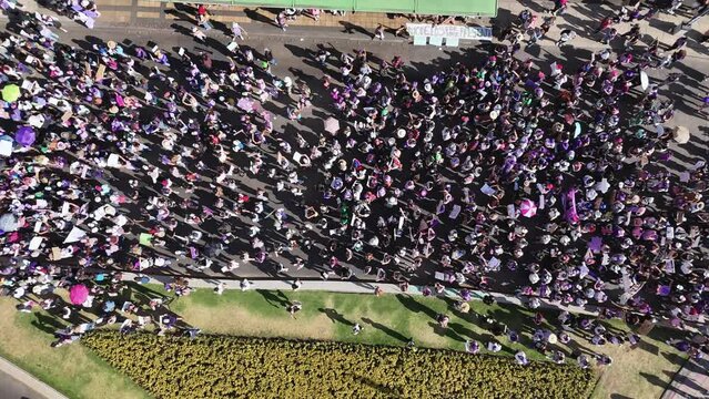 Aerial view of the International Women's Day rally along Paseo de la Reforma, CDMX, Mexico