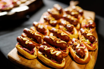 Set of hot dogs with sausages and mayonnaise.