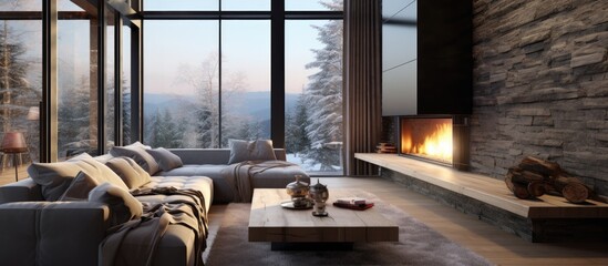 Luxurious modern house living room with fireplace, TV, and comfy couch by windows.