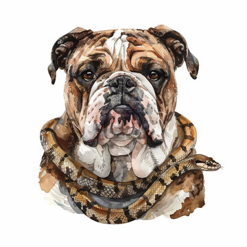 Painting of a bulldog with a snake around its neck 