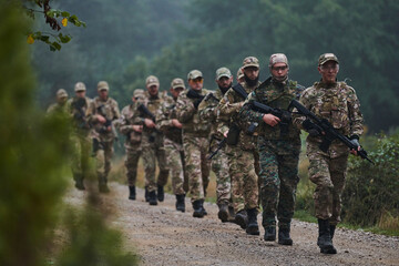 An elite military unit, led by a major, confidently parades through dense forest, showcasing precision, discipline, and readiness for high-risk operations - obrazy, fototapety, plakaty