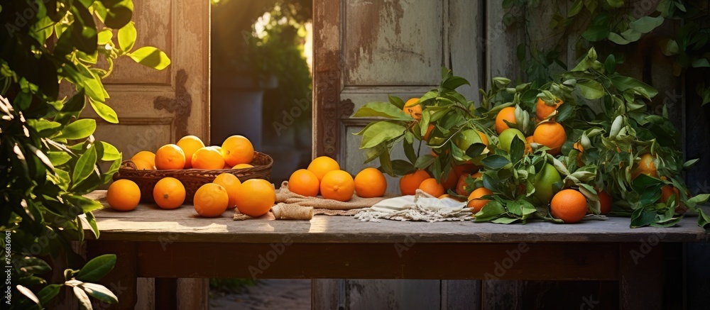 Poster there are numerous oranges on the table with trees in the background. oranges are a type of winter s