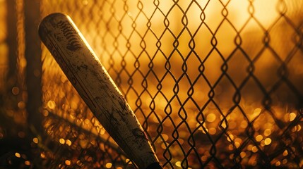 An artistic UHD image of a baseball bat leaning against a chain-link fence, with the field bathed in golden hour light and the anticipation of the upcoming game palpable in the air. - obrazy, fototapety, plakaty