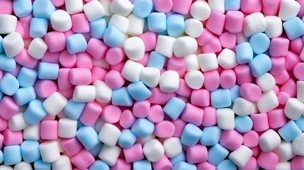 Pastel pink, white, and blue marshmallows top view background for candy shop banner