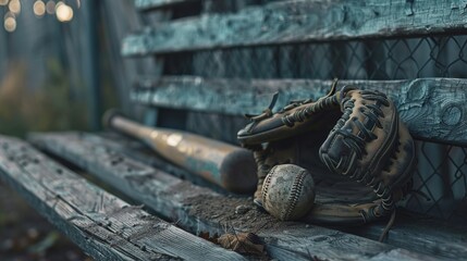 An artistic UHD shot of a baseball glove and ball on a vintage wooden bench, with a weathered bat leaning against it, evoking nostalgia and memories of games played long ago. - obrazy, fototapety, plakaty