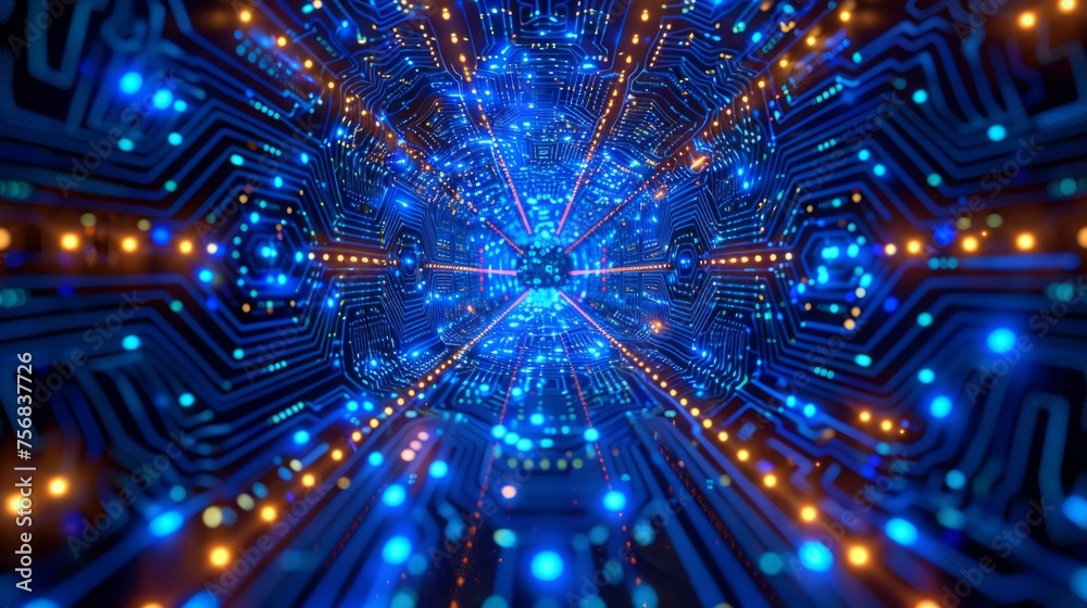 Poster seamless pattern of binary code, deep blue circuits, high-precision tech art