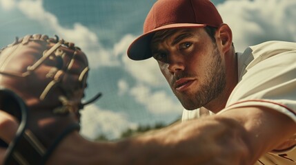 A cinematic UHD shot of a baseball pitcher winding up for a powerful throw, capturing the intensity and focus on his face as he prepares to deliver the perfect pitch.