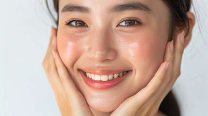 Beautiful Japanese woman in her 20s doing skin care, clear white skin and glossy lips, close-up　スキンケアする美しい女性
