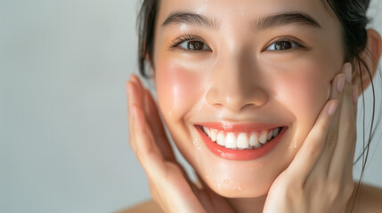 Beautiful Japanese woman in her 20s doing skin care, clear white skin and glossy lips, close-up　スキンケアする美しい女性
