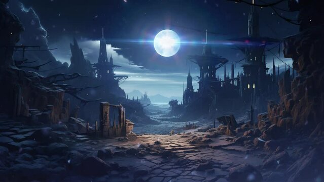 Moonlit ancient city ruins portrayed in cute cartoon style