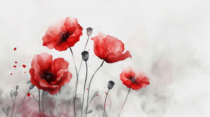 Red poppies watercolor painting. Delicate illustration of red poppies on a white background. - 756838306