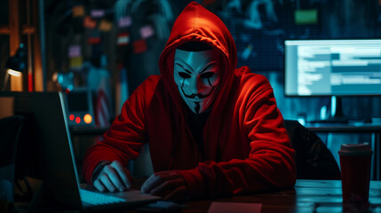 Person Hacking on a Computer, Anonymous Mask, Data Breach