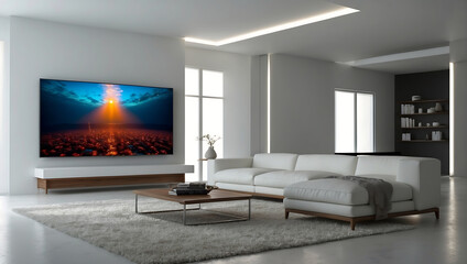 3d TV in the white room. tv hanging on wall. room concept. 