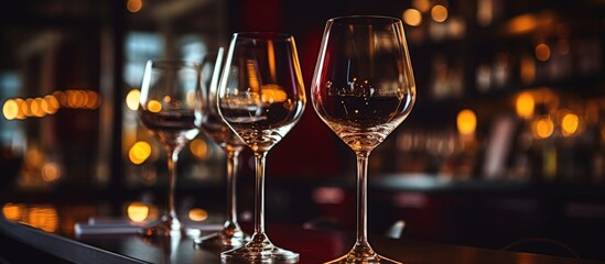 An exquisite display of stemware with wine glasses adorning a table perfect for serving alcoholic beverages like wine or champagne - obrazy, fototapety, plakaty