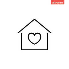 Black single house with heart line icon, simple home care graphic flat design pictogram vector for app ads web banner button ui interface elements isolated on white background