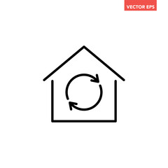 Single black house renovation line icon, simple update home with arrow flat design pictogram vector for app logo ads web webpage button ui ux interface elements isolated on white background